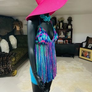 Handmade Multi-Colored Fringe Crochet Triangle Bikini Top New No Tags.